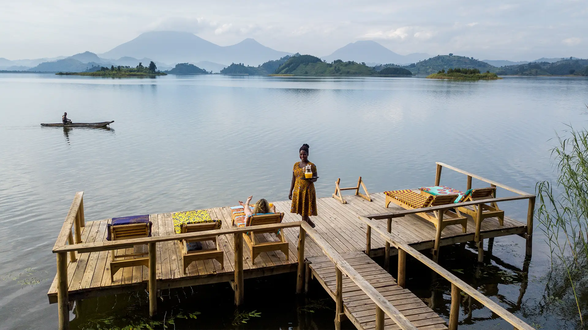 Lake Mutanda Resort dock, Uganda, Africa. Gorilla trekking lodges