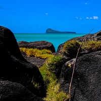 vertical-shot-grass-middle-rocks-near-water-with-mountain-blue-sky