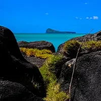 vertical-shot-grass-middle-rocks-near-water-with-mountain-blue-sky